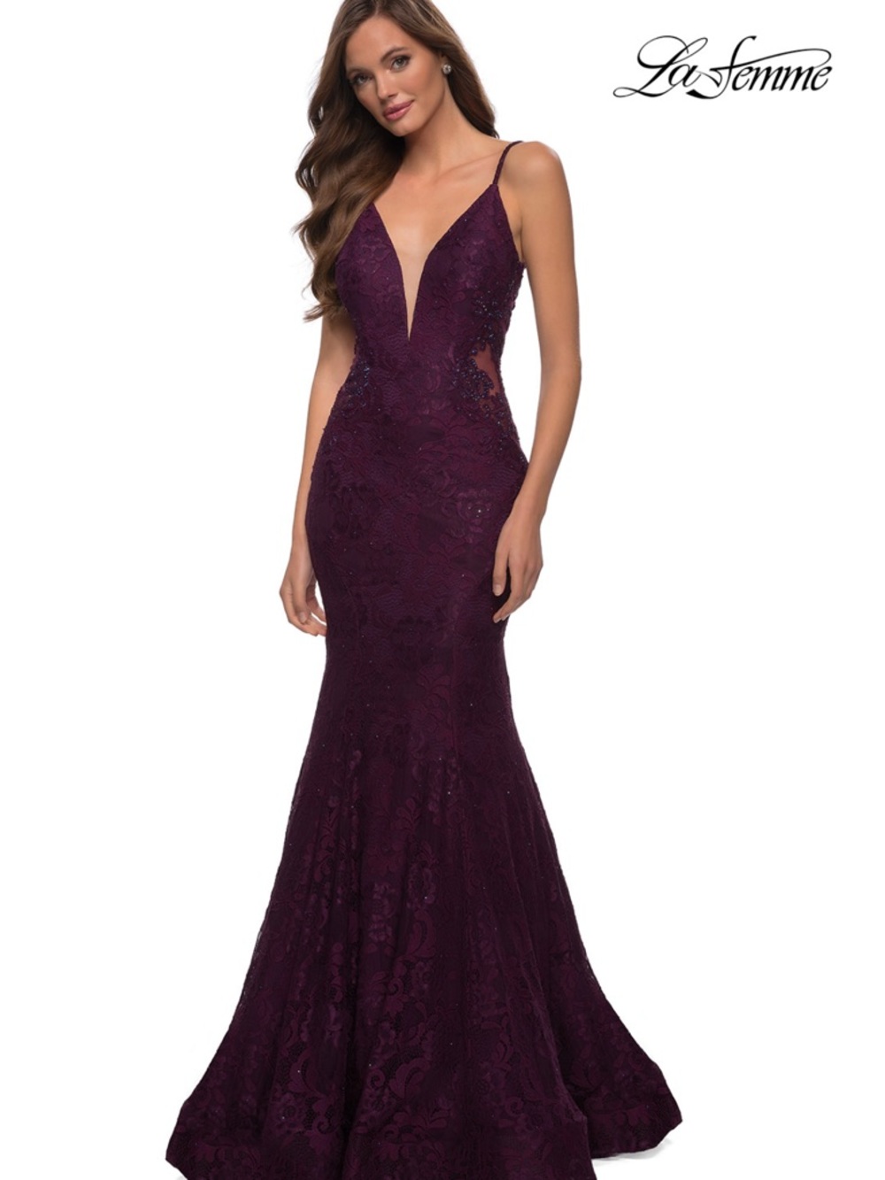 La Femme Deep Plum Lace Mermaid Gown size 00